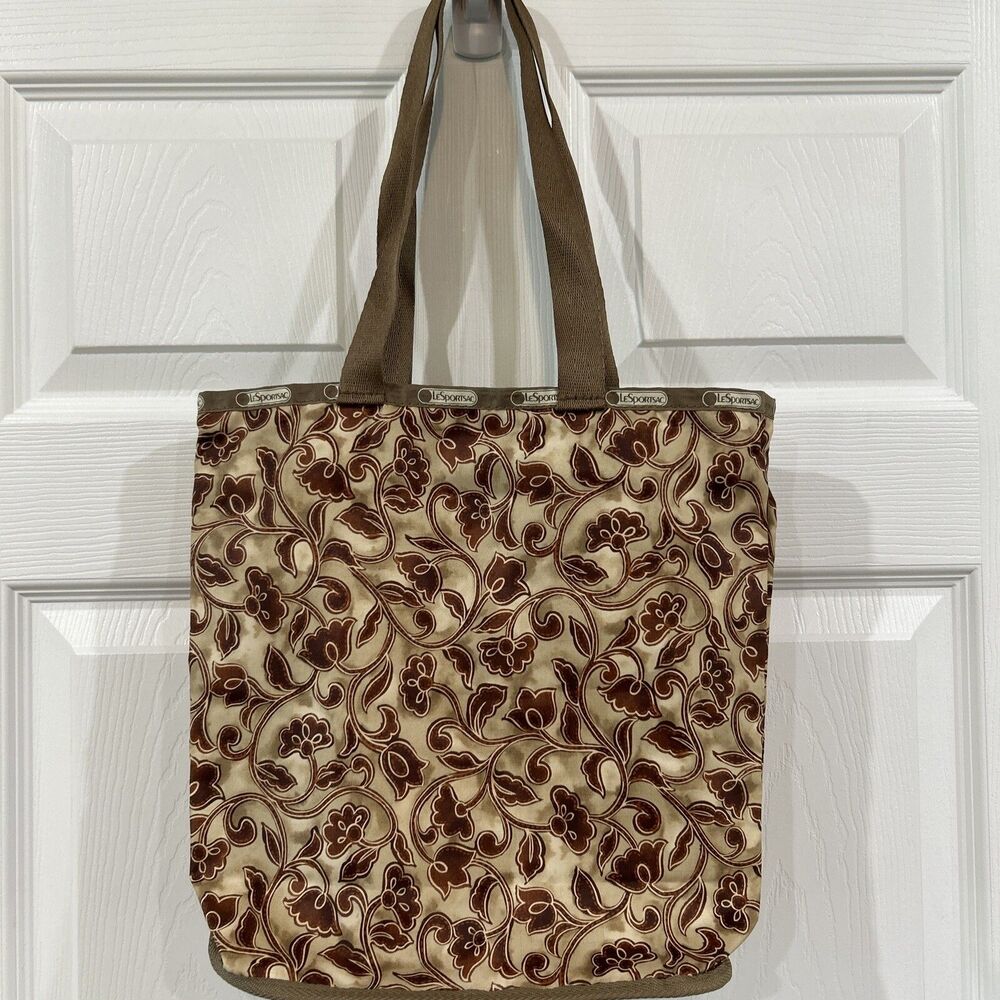 LeSportSac Woodblock Style Floral Tan Tote Travel Bag Double Strap